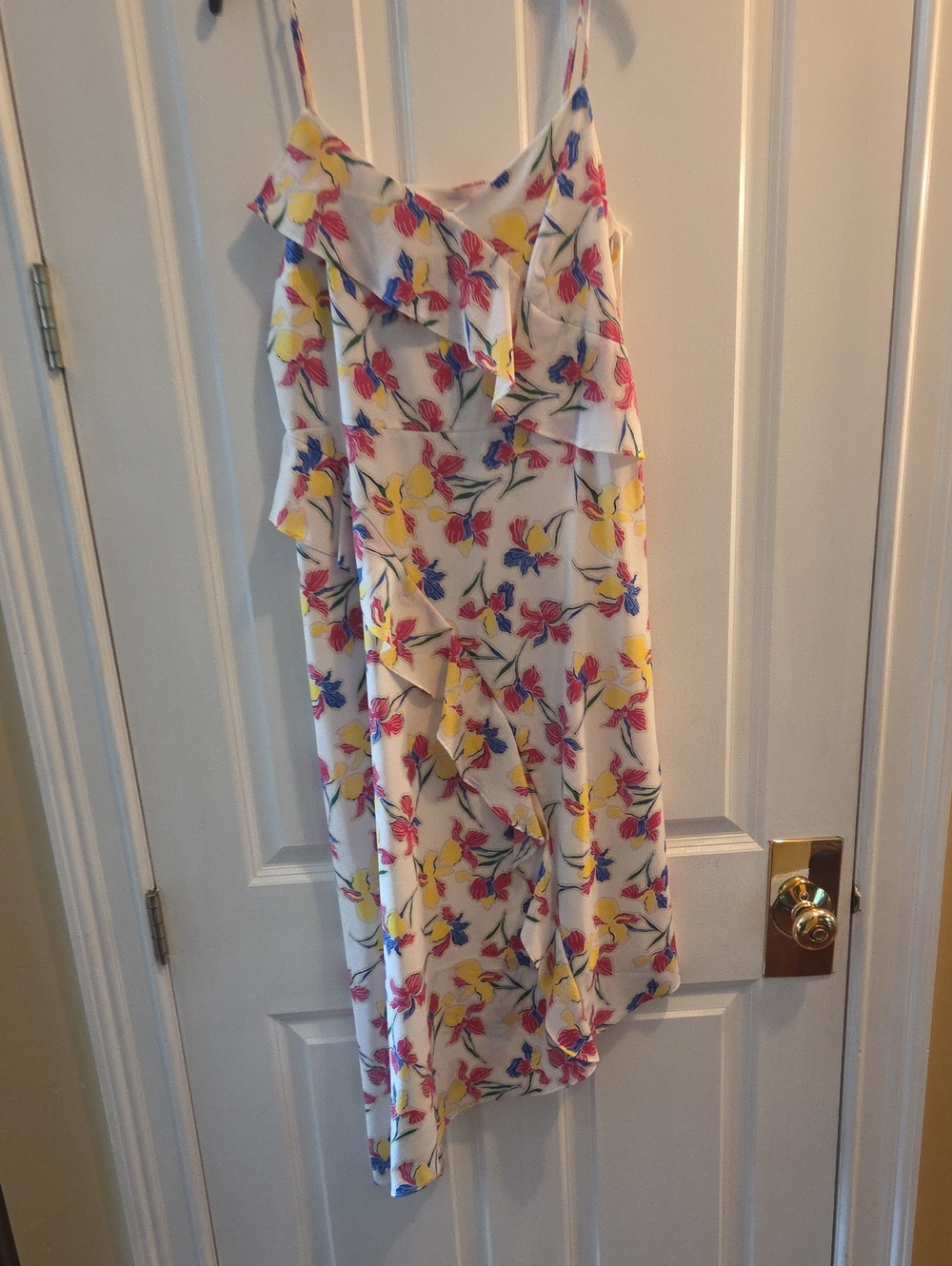 Banana Republic White Floral Ruffle Midi Dress with Yellow, Pink & Blue Accents